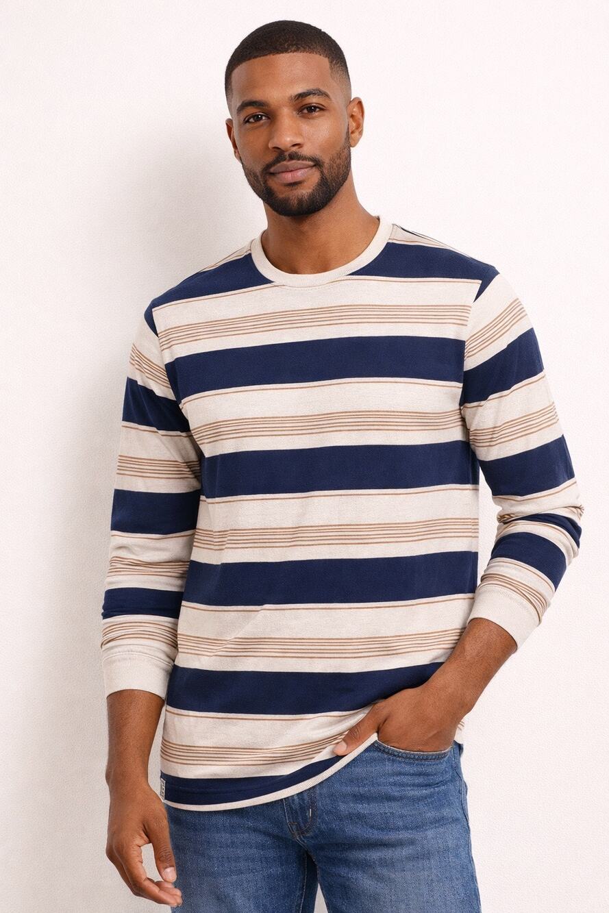 Retrofit Stripe Long Sleeve Shirt XL Navy Tan Cotton - P92